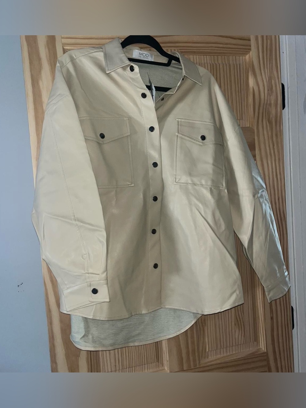 Mango Cream Faux-Leather Overshirt Jacket